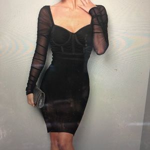 Black mini mesh sleeve dress.